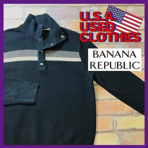 ME6-509★アメリカ買付品★【BANANA REPUBLIC バナリパ】胸 ライン スナップボタン コットンセーター【メンズ M】黒×ベージュ ニット