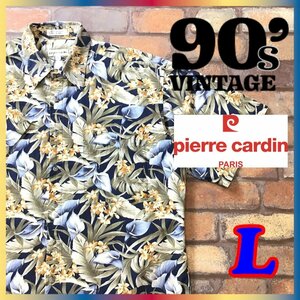 ME3-418★90'sビンテージ★USA古着★良品【pierre cardin ピエール・カルダン】半袖 コットン 総柄シャツ【メンズ L】紺 緑 総柄シャツ