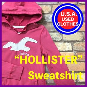 ME11-784★訳アリ格安!!★USA直輸入★正規品★【HOLLISTER ホリスター】BIGアップリケ プルオーバー パーカー【レディース M】ピンク