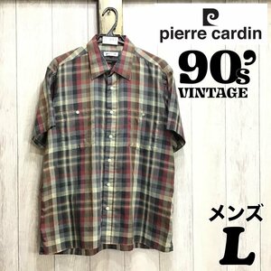 ME1-843★90’s vintage★良品＆正規品★【pierre cardin ピエール・カルダン】レトロカラー チェック柄 半袖シャツ【メンズ L】赤 紺