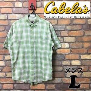 ME2-224★国内未展開★グリーン系★【Cabela's カベラス】片ポケット チェック 半袖 コットンBDシャツ【メンズ L】緑 アウトドア 釣り 古着