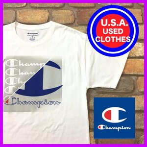 ME12-040★USA古着★白T【CHAMPION】袖Cマーク グラデーション フロントロゴ プリントTシャツ【メンズ M】ホワイト アメカジ スポーツ