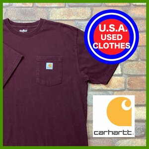 ME12-065★USA直輸入★00s【carhartt】メキシコ製 胸ポケット ロゴTシャツ【メンズ L】ボルドー ポケT コットン アメカジ ワーク