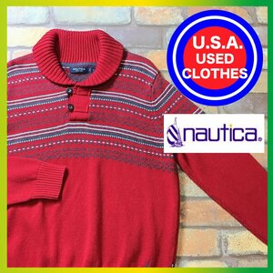 ME6-684★USA仕入れ★良柄【NAUTICA ノーティカ】ショールカラー フェアアイルセーター【メンズ M】赤 中厚生地 刺繍ロゴ コットンニット