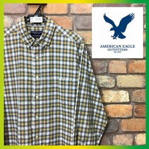 ME9-618★USA古着★好配色★黄×紺【American Eagle アメリカンイーグル】オールコットン チェック シャンブレーBDシャツ【メンズ M】長袖