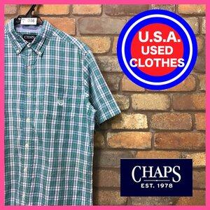 MS1-036★USA直輸入★雰囲気抜群【CHAPS】胸ポケット 刺繍ロゴ 半袖 チェックシャツ【メンズ M】グリーン ストリート ラルフローレン