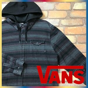 ME8-911◆USA直輸入◆厚手◆【VANS バンズ】フード付き ボーダー 長袖 ネルシャツ【メンズ L】グレー 古着 スケーター スケボー ポケット