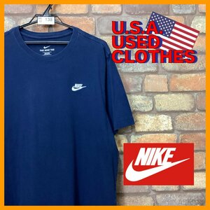 ME12-138★USA直輸入★【NIKE ナイキ】SWOOSH 胸刺繍ロゴ クルーネックTシャツ【メンズ L】ネイビー アメカジ ストリート 古着