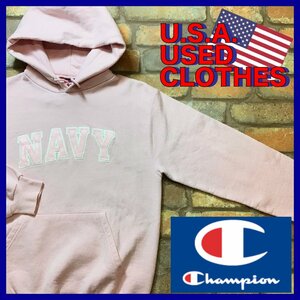 ME11-696★アメリカ買付商品★ピンクカラー★【Champion チャンピオン】『NAVY』ワッペンロゴ スウェットパーカー【S】USA古着 トレーナー