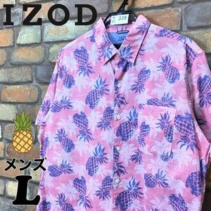 ME2-339★USA買付商品★良柄★【IZOD アイゾッド】半袖 コットン パイナップル 総柄シャツ【メンズ L】サーモンピンク USA古着 薄手 ゴルフ