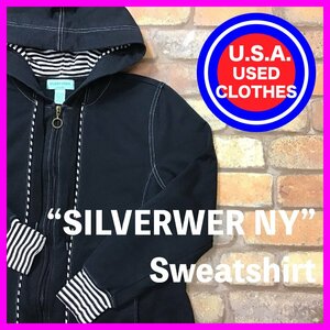 ME11-787★USA直輸入★正規品★【SILVERWER NY】袖口ボーダー フルジップ 白×黒 デザインパーカー スウェット【レディース M】黒 お洒落