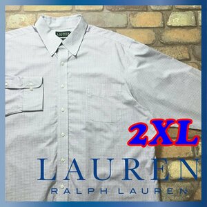 ME9-076★スーパーBIGサイズ★美品★【LAUREN ラルフローレン】防シワ チェック 長袖 ボタンダウンシャツ【メンズ XXL】青 薄手 USA古着