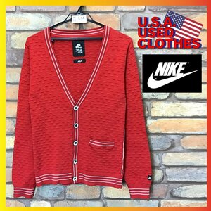 ME8-044★USA正規品&状態◎★稀少サイズ★【NIKE SPORTSWEAR ナイキ】凹凸生地 カーディガン【メンズ XS】赤 レッド 刺繍ロゴ ニット