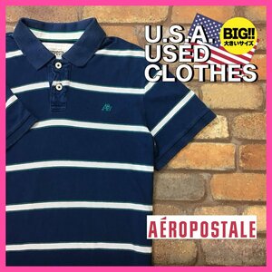 ME12-295★USA直輸入★Good配色【AEROPOSTALE】良フェード ボーダー 胸刺繍ロゴ 半袖ポロシャツ【メンズ XL】ブルー 古着 OLD アメカジ