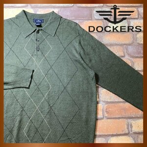 ME8-356★USA買付商品・良品★モスグリーン★【DOCKERS ドッカーズ】ダイヤ柄 ハーフボタン 襟付きセーター【メンズ M】USA古着 アメカジ