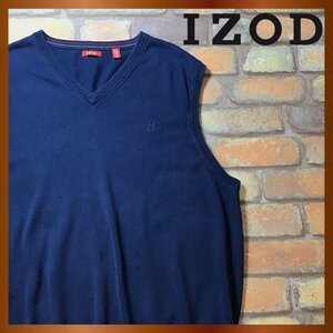 ME8-714★USA買付商品★海外BIGサイズ★【IZOD アイゾッド】ロゴタブ付 刺繍ロゴ Vネック ニットベスト【メンズ XL】ネイビー 紺 USA古着