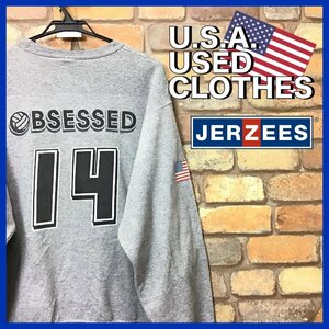 ME11-599★USA古着★良品＆正規品★【JERZEES ジャージーズ】星条旗 バレーボール #14 両面プリント スウェットシャツ【メンズ M】杢グレー