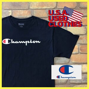 ME12-045★USA古着★良フェード★【CHAMPION】Cマークワッペン フロントロゴ プリントTシャツ【メンズ L】ネイビー コットン アメカジ