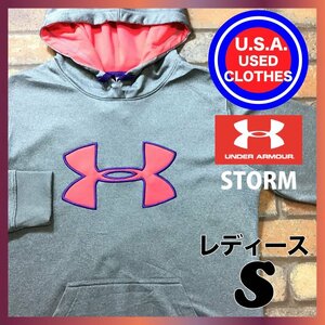 ME5-428★状態◎★USA買付品★【アンダーアーマー】STORM BIG刺繍ロゴ 裏起毛 プルオーバーパーカー【US レディース S】グレー ピンク 古着