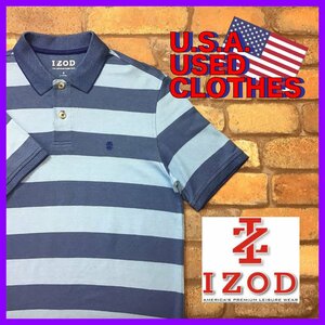 ME12-298★USA買付品★ジャストサイズ【IZOD】同色ボーダー 胸刺繍ロゴ 半袖ポロシャツ【メンズ S】ブルー アメカジ ゴルフ 古着 ラコステ