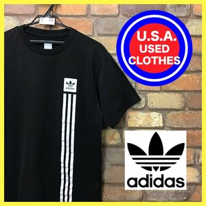 ME12-043★USA直輸入★美品★【ADIDAS】スリーストライプス フロントロゴ プリントTシャツ【メンズ M】スミクロ 黒T 良フェード スポーツ