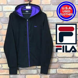 SD10-570★アメリカ買付商品★【FILA フィラ】ジップアップ フリースフーディー【レディース L】黒×紫 フリースパーカー 良品