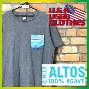 ME3-311◆状態良好◆テキーラ◆ボーダーポケット【OLMECA ALTOS】クルーネック 半袖 コットンTシャツ【メンズ L】グレー 古着 お酒