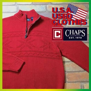 ME6-940★アメリカ買付★良柄【CHAPS チャップス】ハーフジップアップ ノルディックセーター【メンズ M】レッド 赤 コットンニット