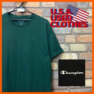 ME12-078★USA古着★状態良好【Champion】良カラー Cマーク 刺繍ロゴ クルーネック Tシャツ【メンズ L】グリーン アメカジ ワーク 古着MIX