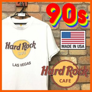 ME10-362★90's USA製★人気都市★状態◎【Hard Rock CAFE】正規品 ラスベガス ホワイト Tシャツ【メンズ L】半袖 音楽 バンド 古着