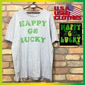 ME10-431★USA古着★ビッグシルエット★【HAPPY GO LUCKY】灰×緑 半袖 アイリッシュ Tシャツ【メンズ XL】大きいサイズ ビッグプリント