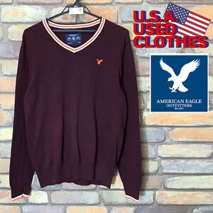 ME8-156★アメリカ買付商品★良品【AEO アメリカンイーグル】ロゴ刺繍 Vネック セーター【メンズ M】ワインレッド ニット