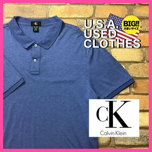 ME12-190★USA古着★オーバーサイズ【Calvin Klein】CK ロゴ刺繍 コットン 半袖ポロシャツ【メンズ XXL】ブルー ストリート アメカジ 古着