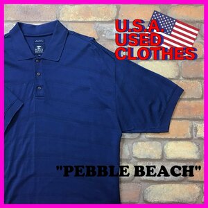 ME12-275★USA買付品★【PEBBLE BEACH】2層コットン ラインボーダー 半袖ポロシャツ【メンズ XL】ネイビー スポーツ ゴルフ Y2K リゾート