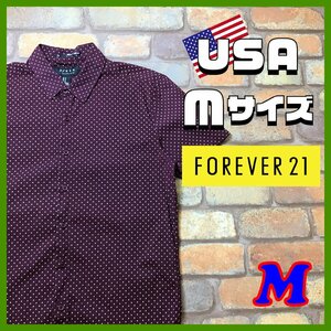 ME11-234★アメリカ買付商品★状態良好【FOREVER21 21MEN】ドット総柄 半袖 ストレッチシャツ【メンズ M】紫 パ―プル USA古着 総柄シャツ