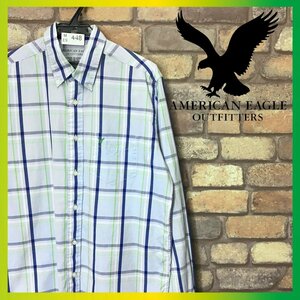 ME9-448★USA買付品★良品★【American Eagle アメリカンイーグル】ボタンダウン チェックシャツ【メンズ M】水色 長袖 BDシャツ USA古着