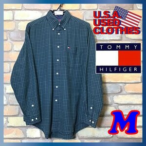 ME5-147★90’s 旧タグ★USA直輸入【TOMMY HILFIGER トミー・ヒルフィガー】刺繍ロゴ 長袖シャツ タータンチェック【メンズ M】緑×紺 古着