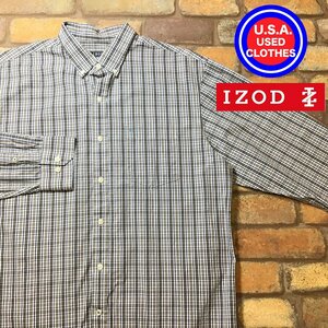 ME9-084★アメリカ買付商品★美品【IZOD アイゾッド】長袖 ボタンダウンシャツ【メンズ L】青 グレー 薄手 USA古着 ゴルフ BDシャツ