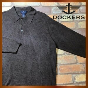 ME8-363★USA買付商品★ブラウンカラー【DOCKERS ドッカーズ】ダイヤ柄 ハーフボタン ポロニット セーター【メンズ L】茶 USA古着 アメカジ