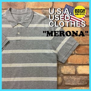 ME12-231★USA買付品★BIGサイズ【MERONA メローナ】マルチボーダー コットン 半袖ポロシャツ【メンズ XXL】グレー アメカジ ゴルフ ワーク