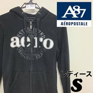 SC13-351★格安★USA古着★雰囲気◎【AEROPOSTALE エアロポステール】ワッペンロゴ スウェット ジップパーカー【レディース S】黒 アメカジ