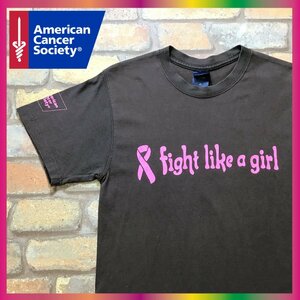 ME4-541★状態良好!!★USA買付★【fight like a girl】アメリカがん協会 ロゴプリント 半袖 Tシャツ【メンズ S】茶×PINK ピンクリボン