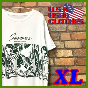 ME11-089★BIGサイズ!!★白×緑★【SUMMER KNOCKIN OUT THE DOOR】ボタニカル ストレッチ 半袖 Tシャツ【メンズ XL】プリント USA古着