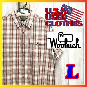 ME3-497◆USA買付品◆良柄◆エンジ×ナチュラル【WOOLRICH ウールリッチ】片ポケット チェック 半袖 コットンシャツ【メンズ L】古着