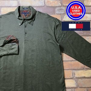 ME9-748★USA直輸入★良品★【TOMMY HILFIGER】ペイズリー柄 長袖 ポロシャツ【メンズ XL】オリーブグリーン 長袖シャツ 古着 ストリート