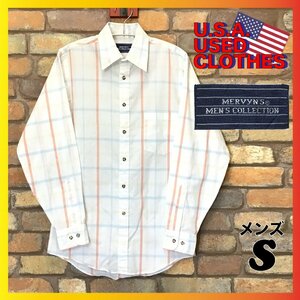 ME11-404★アメリカ買付商品★80’s VINTAGE【MERVYN'S MEN'S COLLECTION】長袖 チェックシャツ【メンズ S】白系 小さめサイズ USA古着