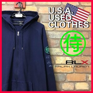 ME11-619★USA古着★状態良好★【RLX RALPH LAUREN ラルフローレン】『侍』刺繍ロゴ スウェット ジップパーカー【XXL】ネイビー スポーツ