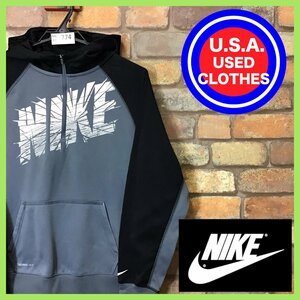 ME11-774★USA買付商品★高機能ウエア★【NIKE ナイキ】THERMA-FIT ハーフジップ プルオーバーパーカー【XL】濃灰×黒 保温◎ USA古着 子供