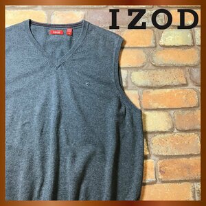 ME8-551★状態良好★USA買付商品★【IZOD アイゾッド】ロゴタブ付 刺繍ロゴ Vネック ニットベスト【メンズ L】グレー 灰 USA古着 ゴルフ