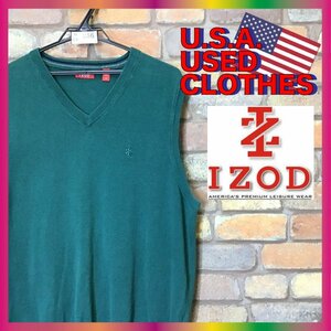 ME6-966★USA買付商品★良品★【IZOD アイゾッド】胸 刺繍ロゴ Vネック ニットベスト【メンズ L】グリーン 緑 薄手 ゴルフ USA古着